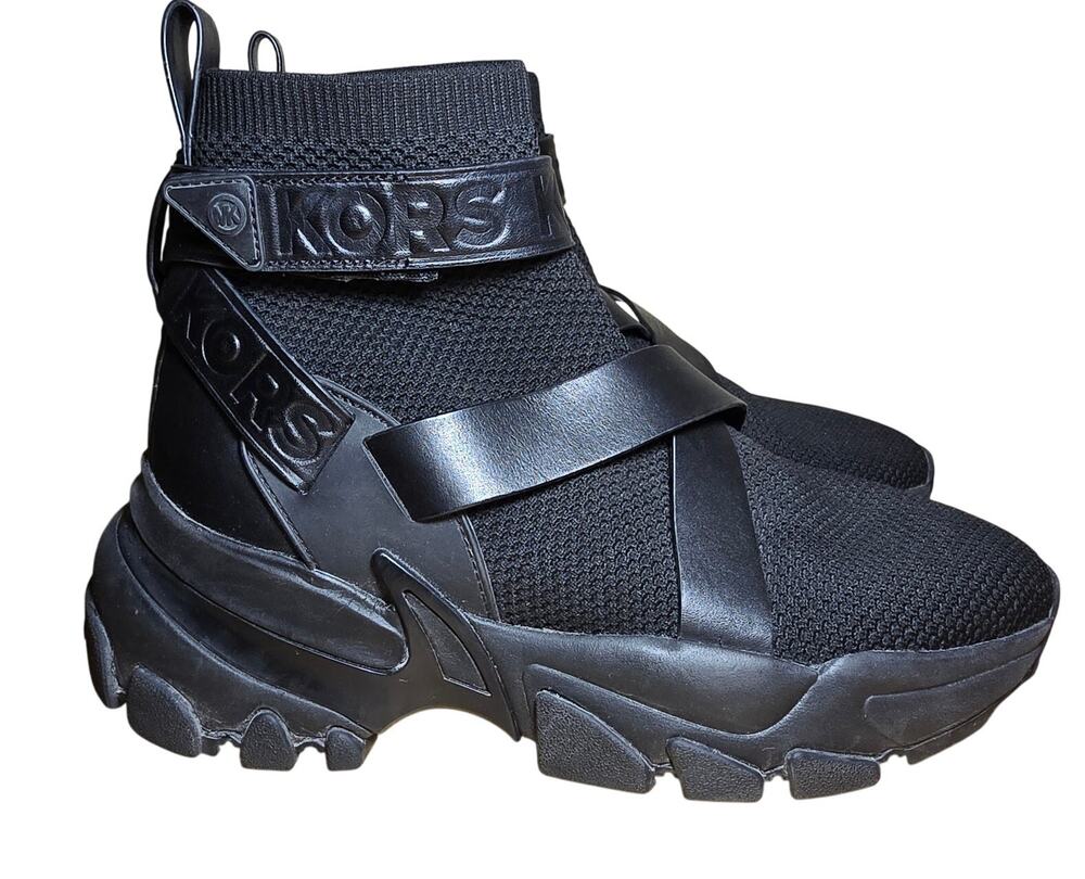 Michael Kors Nick Leather Strap Knit Trainer High Top Black Optic US W 10-10.5